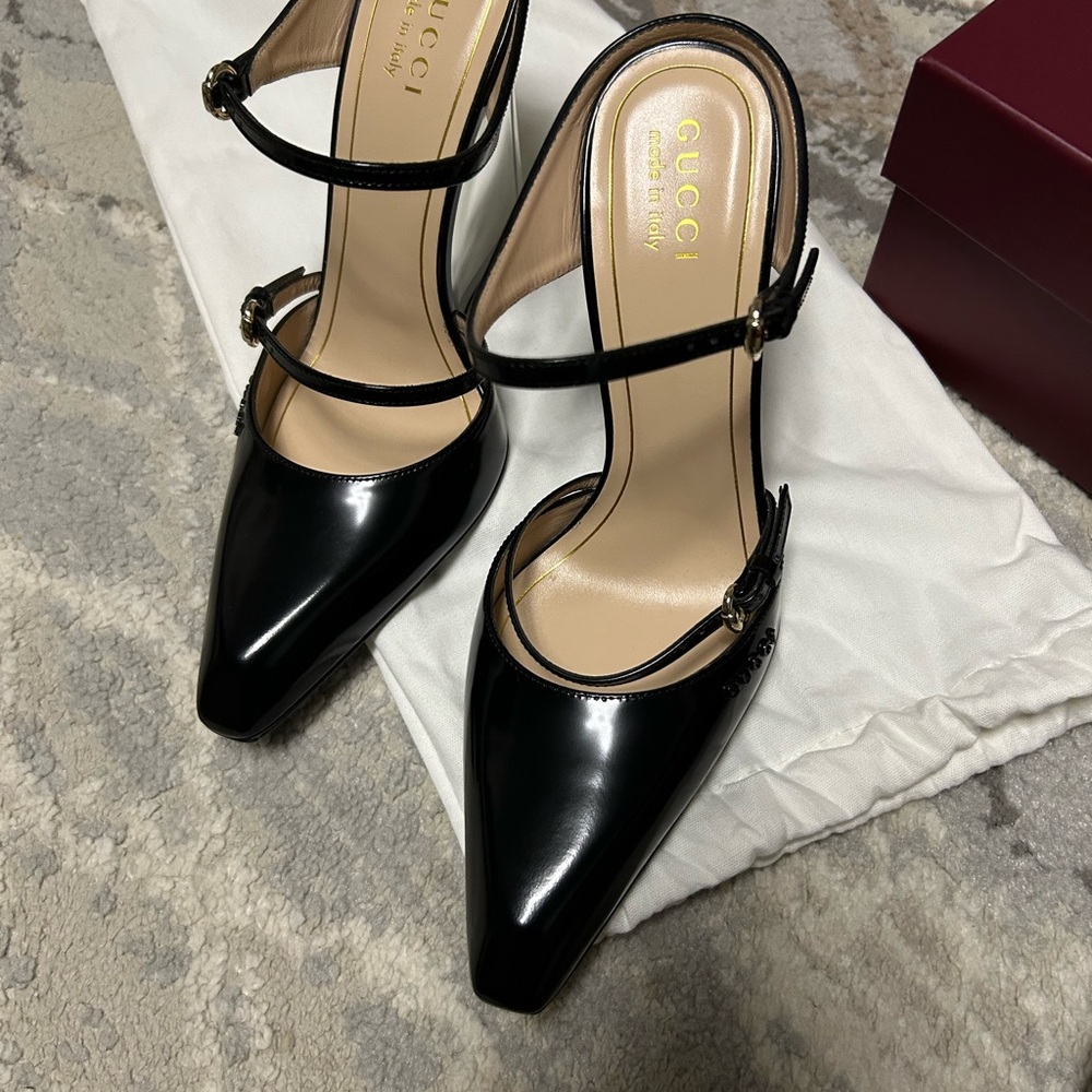 New Gucci Logo Leather Transparent 110 mm Wedge Mules